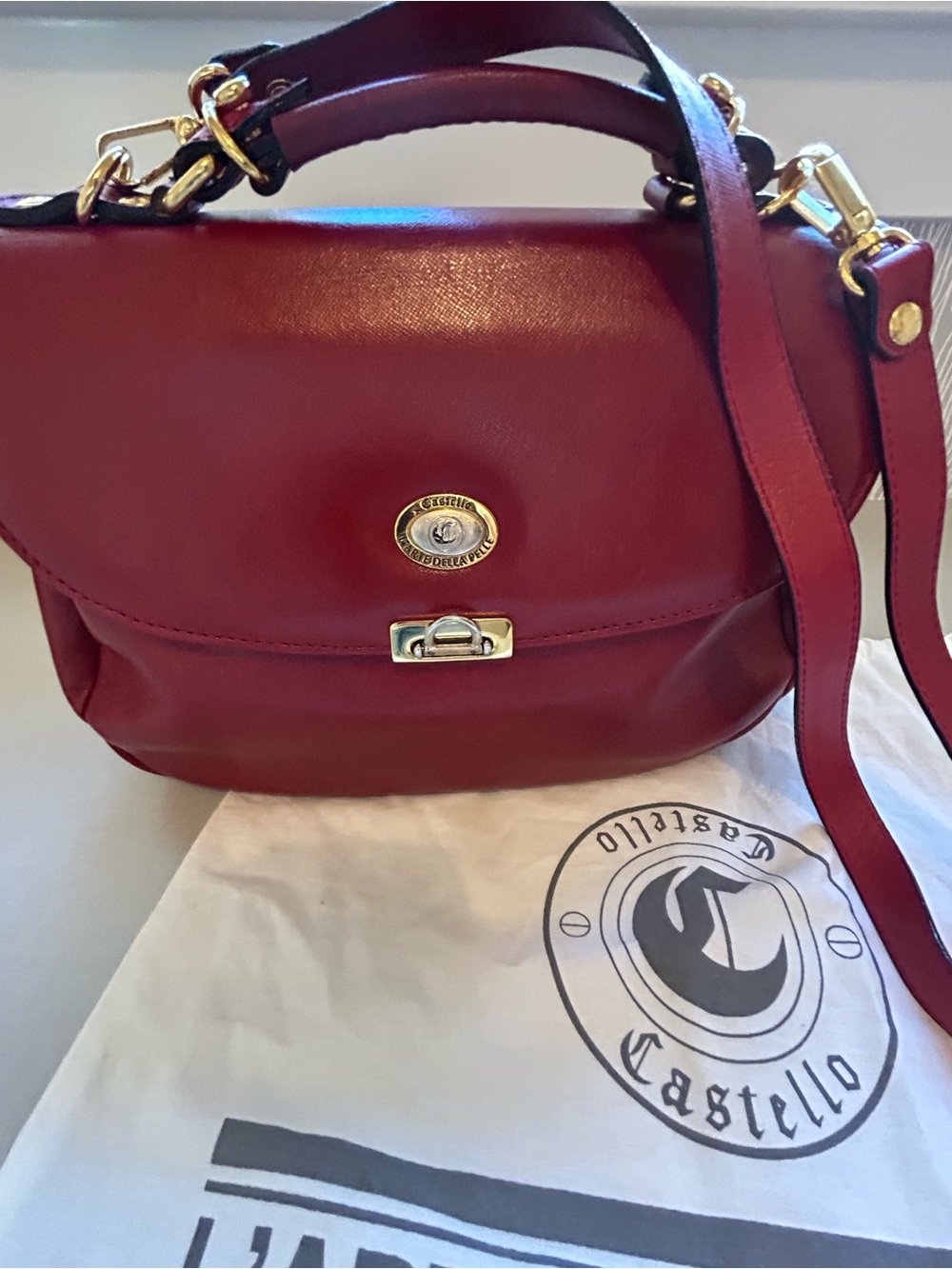 Vintage Castello L’Arte Red Leather Crossbody Bag with Gold Hardware